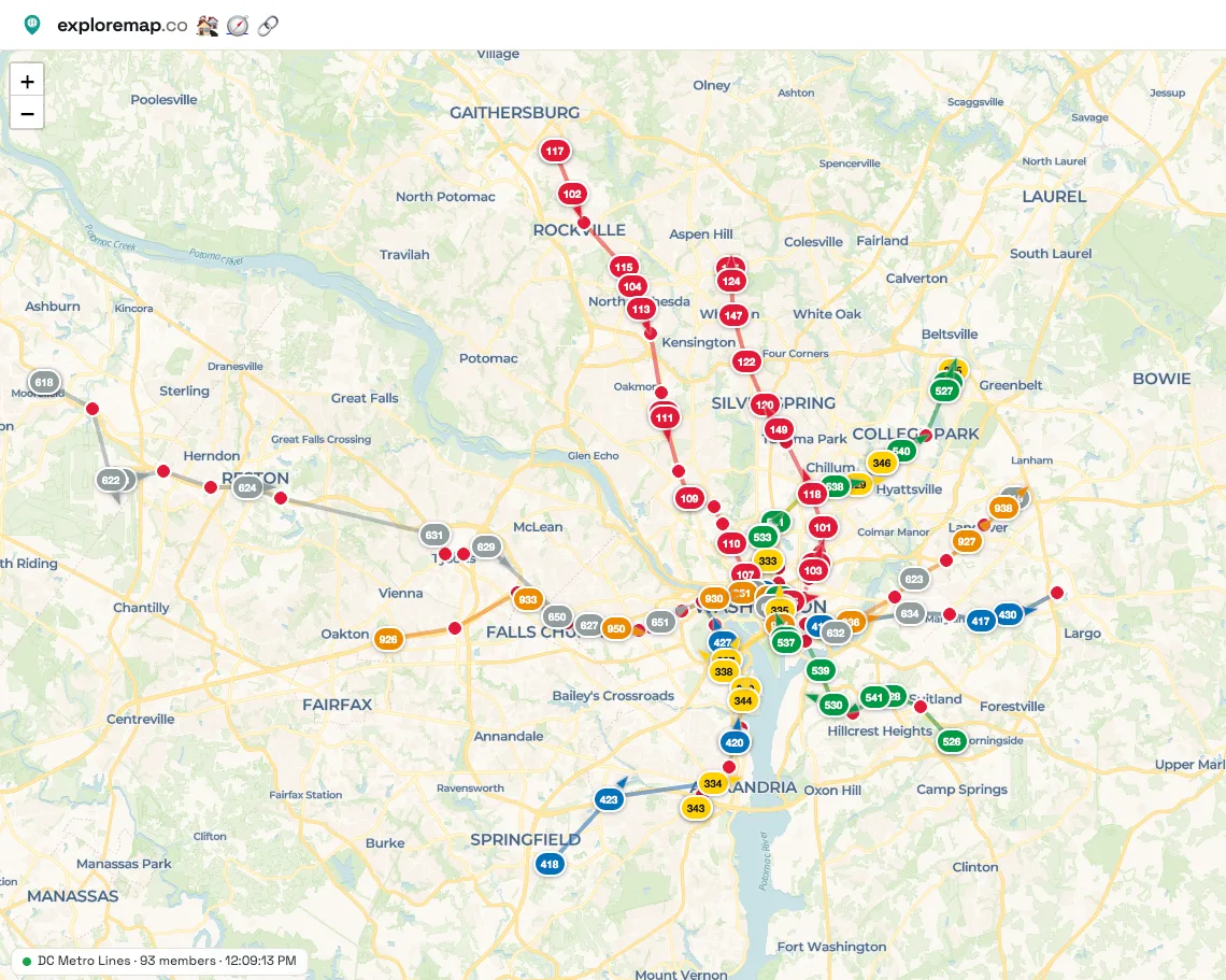 DC Metro lines with live trains on an ExploreMap map