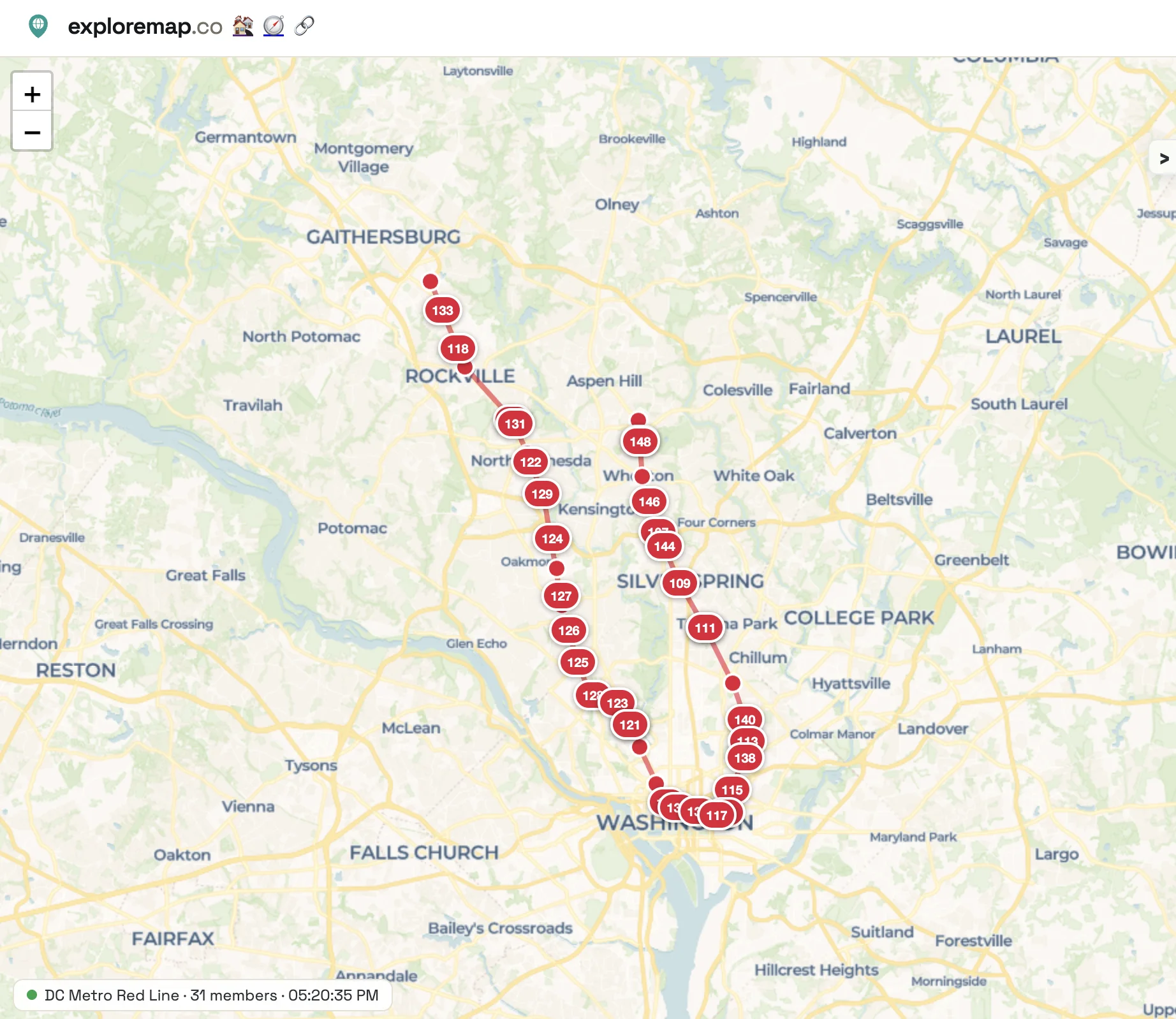 DC Metro Red Line trains on an ExploreMap live map
