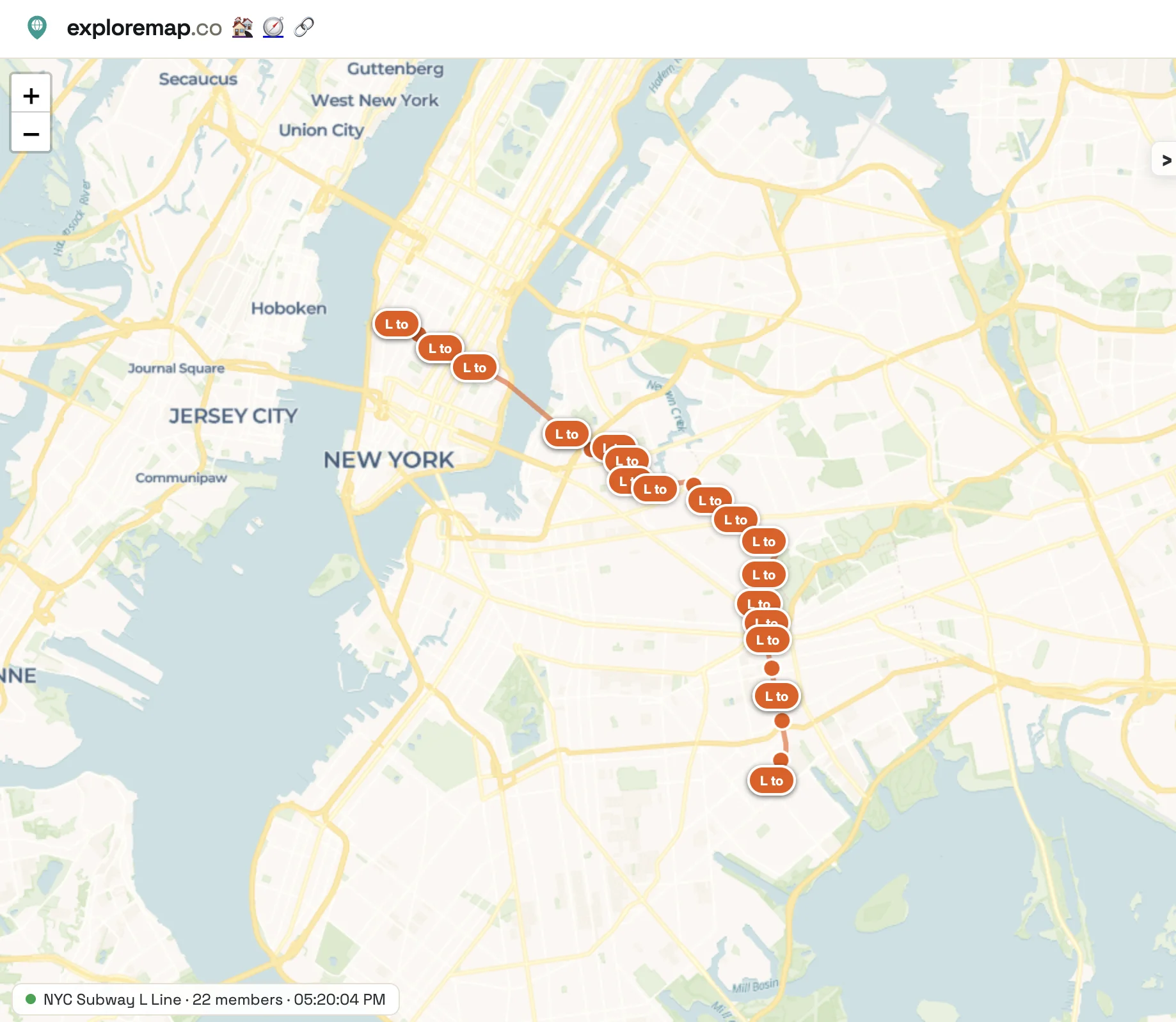NYC Subway L Line trains on an ExploreMap live map